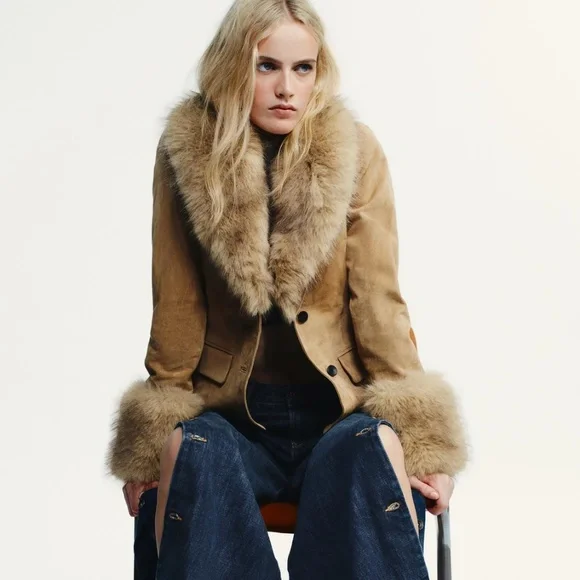 Zara Tailored Suede Leather Blazer with Faux Fur 4341/811/711 - Picture 4 of 6